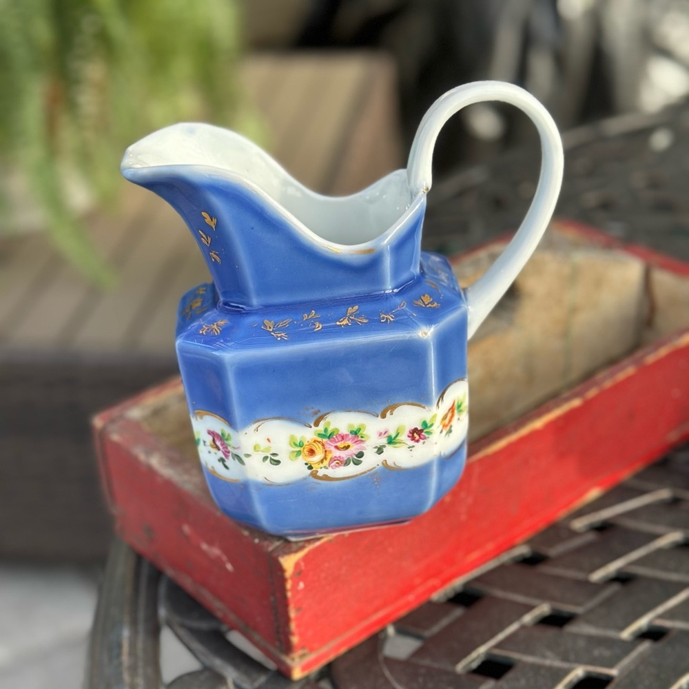 Cobalt Blue Porcelain Pitcher With Hand Painted Flowers and Gilding